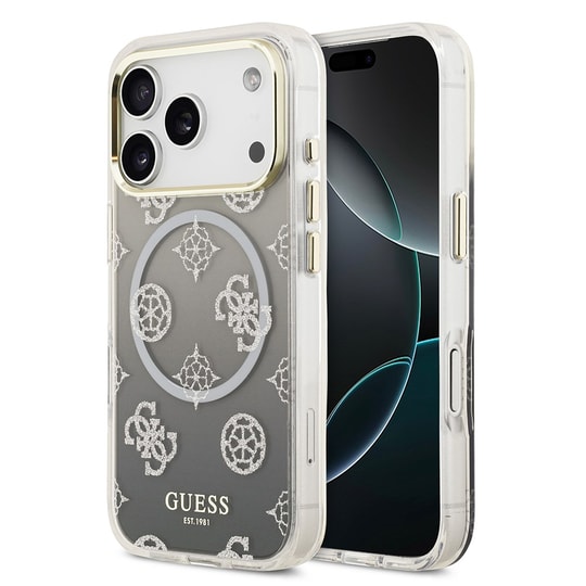 Apple iPhone 17 Pro Kılıf Guess Orjinal Lisanslı M-safe Şarj Özellikli Simli Peony Desenli Silikon Kapak