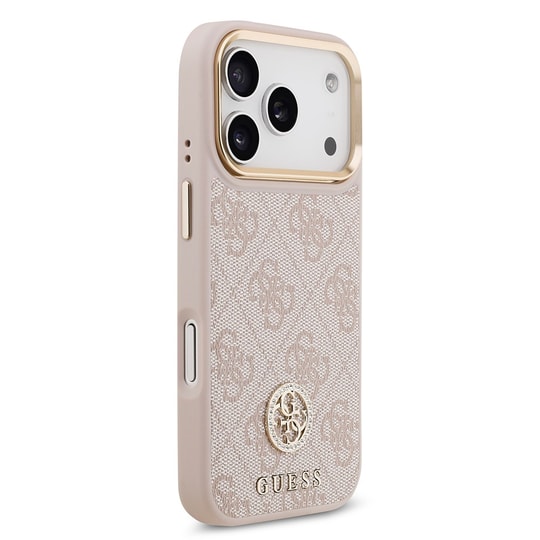 Apple iPhone 17 Pro Kılıf Guess Orjinal Lisanslı M-safe Şarj Özellikli Gold Metal Kamera Çerçeveli Taşlı Üçgen Logo 4G Desenli Kapak