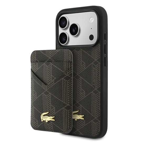 Apple iPhone 17 Pro Kılıf Lacoste Orjinal Lisanslı M-safe Şarj Özellikli PU Deri Tasarımlı Kartlıklı Karışık Monogram Desenli Kapak