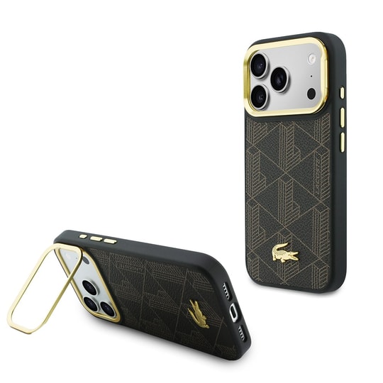 Apple iPhone 17 Pro Kılıf Lacoste Orjinal Lisanslı M-safe Şarj Özellikli Standlı PU Deri Karışık Monogram Desenli Kapak