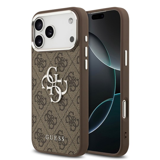 Apple iPhone 17 Pro Max Kılıf Guess Orjinal Lisanslı Gümüş Metal Kamera Çerçeveli 4G Desenli Metal Büyük 4G ve Yazı Logolu Kapak