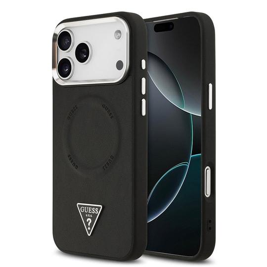 Apple iPhone 17 Pro Max Kılıf Guess Orjinal Lisanslı M-safe Şarj Özellikli PU Deri Metal Kamera Çerçeveli Üçgen Logolu Kapak