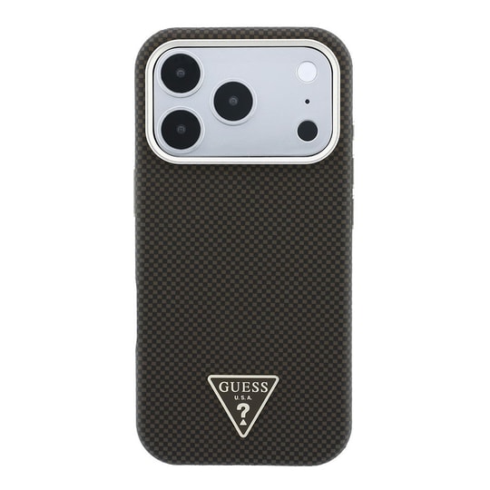 Apple iPhone 18 Pro Kılıf Guess Orjinal Lisanslı M-safe Şarj Özellikli PU Metal Üçgen Logolu Karbon Fiber Kevlar Kapak