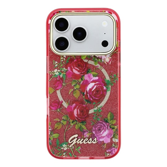 Apple iPhone 18 Pro Kılıf Guess Orjinal Lisanslı M-safe Şarj Özellikli Gül Desenli Simli Yazı Logolu Kapak