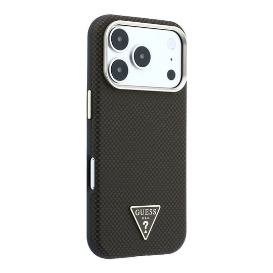 Apple iPhone 18 Pro Kılıf Guess Orjinal Lisanslı M-safe Şarj Özellikli PU Metal Üçgen Logolu Karbon Fiber Kevlar Kapak