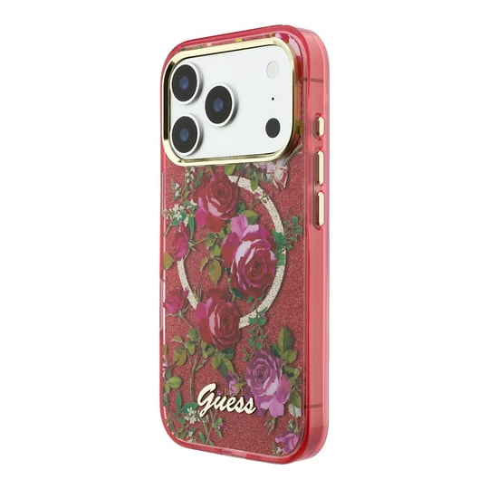 Apple iPhone 18 Pro Kılıf Guess Orjinal Lisanslı M-safe Şarj Özellikli Gül Desenli Simli Yazı Logolu Kapak