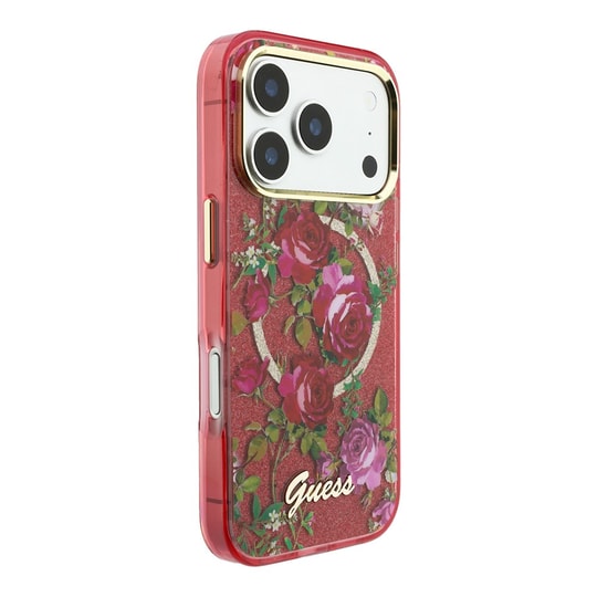 Apple iPhone 18 Pro Kılıf Guess Orjinal Lisanslı M-safe Şarj Özellikli Gül Desenli Simli Yazı Logolu Kapak