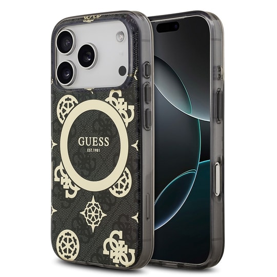 Apple iPhone 18 Pro Kılıf Guess Orjinal Lisanslı M-safe Şarj Özellikli IML Peony ve 4G Desenli Klasik Logolu Kapak