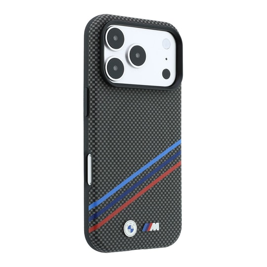 Apple iPhone 18 Pro Max Kılıf BMW Orjinal Lisanslı M-safe Şarj Özellikli Üç Şeritli Metal M Logolu Karbon Fiber Kevlar Kapak
