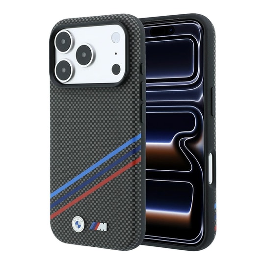 Apple iPhone 18 Pro Max Kılıf BMW Orjinal Lisanslı M-safe Şarj Özellikli Üç Şeritli Metal M Logolu Karbon Fiber Kevlar Kapak