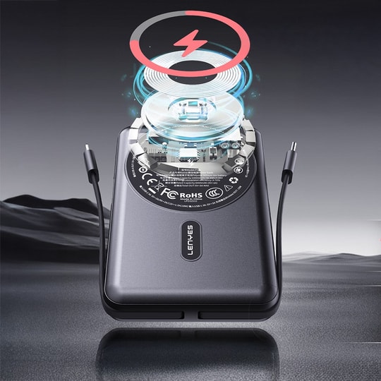 Lenyes P571 PD 22.5W Standlı M-safe Şarj Özellikli Type-C ve Lightning Kablolu Powerbank 15W 10000mAh