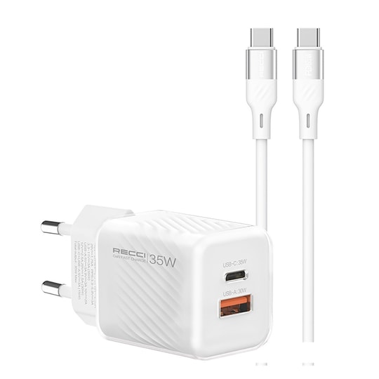 Recci RC83ECC GaN Teknolojili Hızlı Şarj Başlığı USB-A to Type-C PD 35W Kablolu Şarj Seti