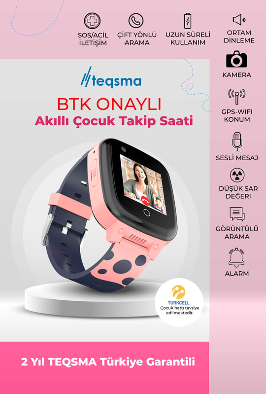 TEQSMA S25 Uz Akıllı Çocuk Saati- SOS, GPS Takibi, Görüntülü Görüşme, BTK Onaylı, Su Geçirmez 24 Ay Garantili Pembe