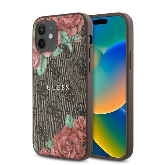Apple iPhone 12 Kılıf Guess Orjinal Lisanslı M-safe Şarj Özellikli Gül Baskılı 4G Desenli Yazı Logolu Kapak