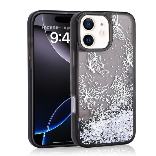 Apple iPhone 12 Kılıf Sıvılı Simli Kelebek Baskılı Şeffaf Arka Yüzey Zore Glis Silikon Kapak