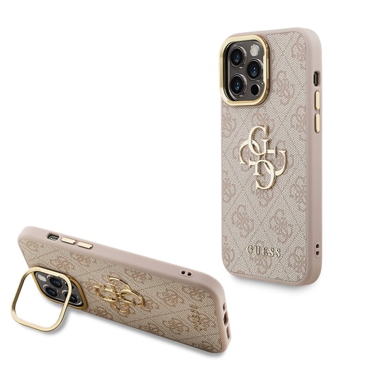 Apple iPhone 13 Pro Max Kılıf Guess Orjinal Lisanslı PU Deri 4G Desenli Metal Büyük 4G ve Yazı Logolu Kamera Standlı Kapak