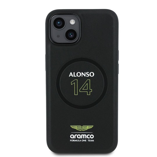Apple iPhone 14 Kılıf Aston Martin Orjinal Lisanslı M-safe Şarj Özellikli PU Deri Alonso 14 Baskılı Kapak