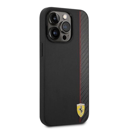 Apple iPhone 14 Pro Kılıf Ferrari M-safe Şarj Özellikli Pu Deri Ve Karbon Şeritli Dizayn Kapak