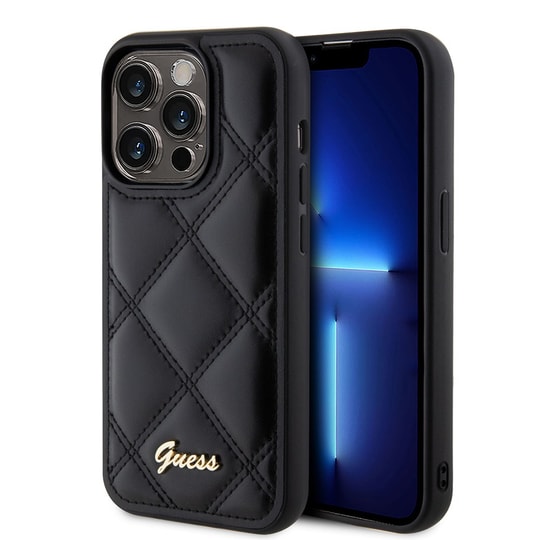 Apple iPhone 14 Pro Max Kılıf Guess Orjinal Lisanslı PU Deri Metal Yazı Logolu Kapitone Kapak