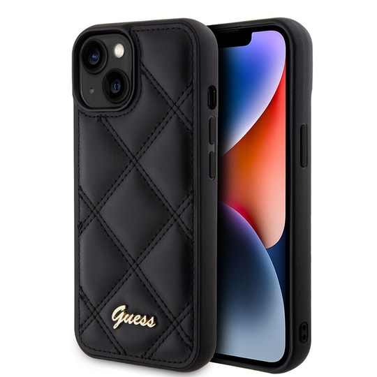 Apple iPhone 15 Kılıf Guess Orjinal Lisanslı PU Deri Metal Yazı Logolu Kapitone Kapak