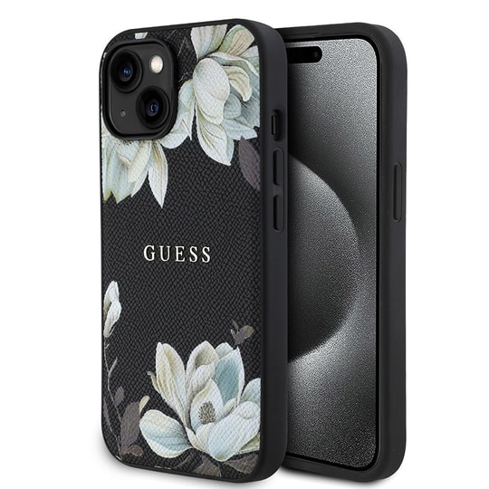 Apple iPhone 15 Kılıf Guess Orjinal Lisanslı M-safe Şarj Özellikli Taneli Çiçek Tasarımlı Metal Yazı Logolu Kapak