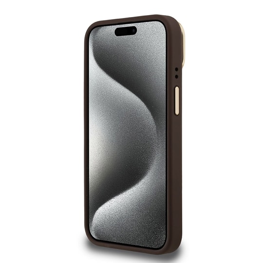 Apple iPhone 15 Kılıf Guess Orjinal Lisanslı PU Deri Taşlı Üçgen Logo 4G Desenli Kamera Standlı Kapak