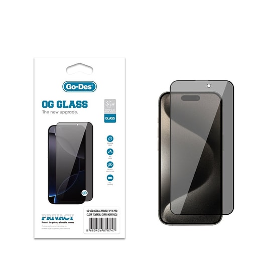 Apple iPhone 15 Pro Go Des OG Glass Privacy Antistatik Temperli Cam Ekran Koruyucu