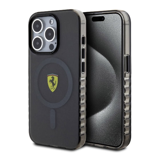 Apple iPhone 15 Pro Kılıf Ferrari Orjinal Lisanslı M-safe Şarj Özellikli Tırtıklı Kenar Tasarımlı Ortalanmış Logo Kapak