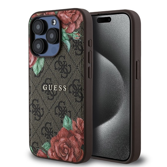 Apple iPhone 15 Pro Kılıf Guess Orjinal Lisanslı M-safe Şarj Özellikli Gül Baskılı 4G Desenli Yazı Logolu Kapak