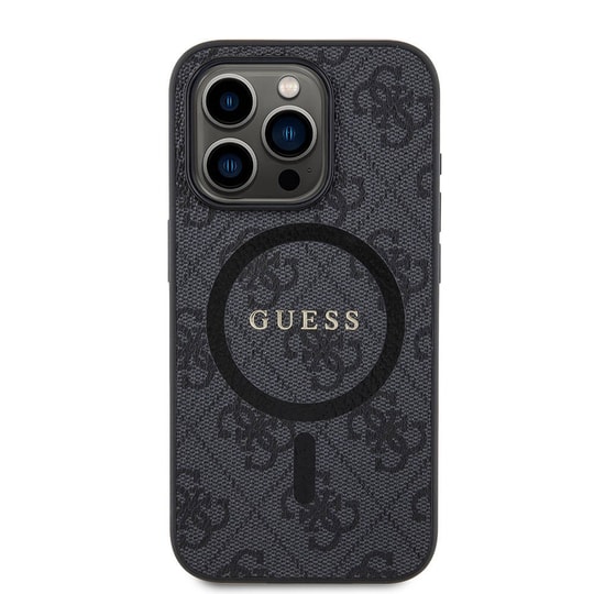 Apple iPhone 15 Pro Kılıf Guess Orjinal Lisanslı M-safe Şarj Özellikli PU Halkalı 4G Desenli Yazı Logolu Kapak