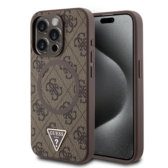 Apple iPhone 15 Pro Kılıf Guess Orjinal Lisanslı M-safe Şarj Özellikli PU Üçgen Logo 4G Desenli Kapak