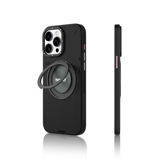 Apple iPhone 15 Pro Kılıf M-safe Şarj Özellikli 360° Standlı Basit Mat Deri Desenli Youngkit Tech Leather Serisi Kapak