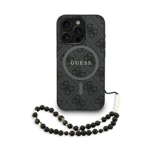 Apple iPhone 15 Pro Max Kılıf Guess Orjinal Lisanslı M-safe Şarj Özellikli PU Deri Bilek Askı İpli Yazı Logolu Kapak