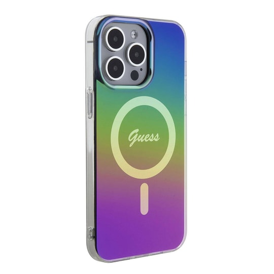 Apple iPhone 15 Pro Max Kılıf Guess Orjinal Lisanslı M-safe Şarj Özellikli Yazı Logolu Iridescent Kapak