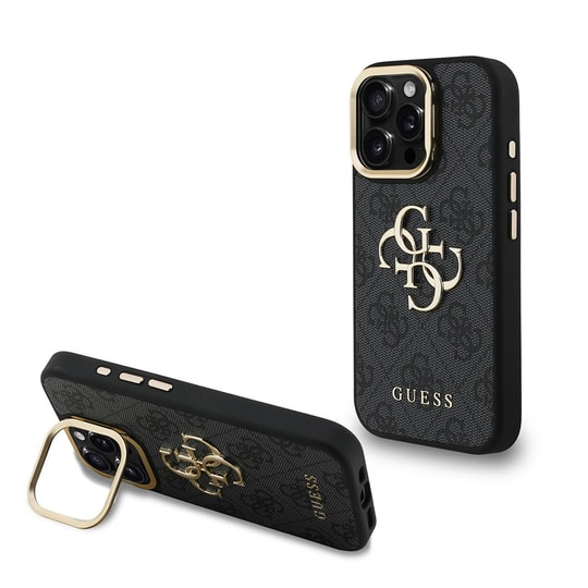 Apple iPhone 15 Pro Max Kılıf Guess Orjinal Lisanslı PU Deri 4G Desenli Metal Büyük 4G ve Yazı Logolu Kamera Standlı Kapak