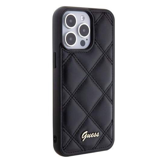 Apple iPhone 15 Pro Max Kılıf Guess Orjinal Lisanslı PU Deri Metal Yazı Logolu Kapitone Kapak