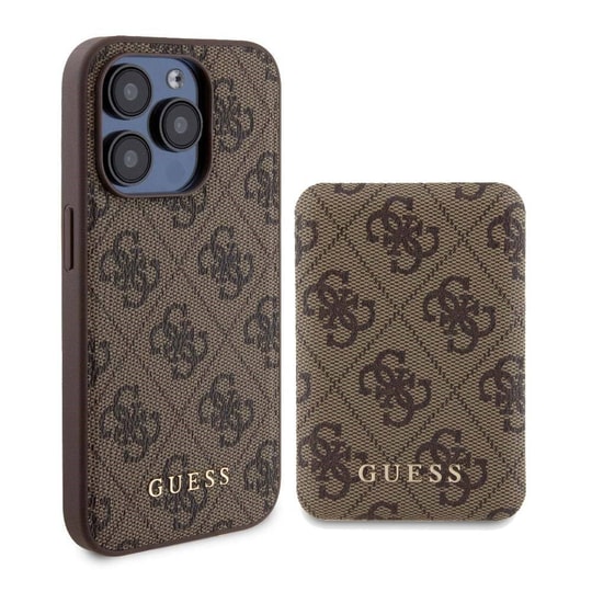 Apple iPhone 15 Pro Max Kılıf Guess Orjinal Lisanslı M-safe Şarj Özellikli Yazı Logolu 4G Desenli Kapak + Powerbank 5000mAh 2in1 Set