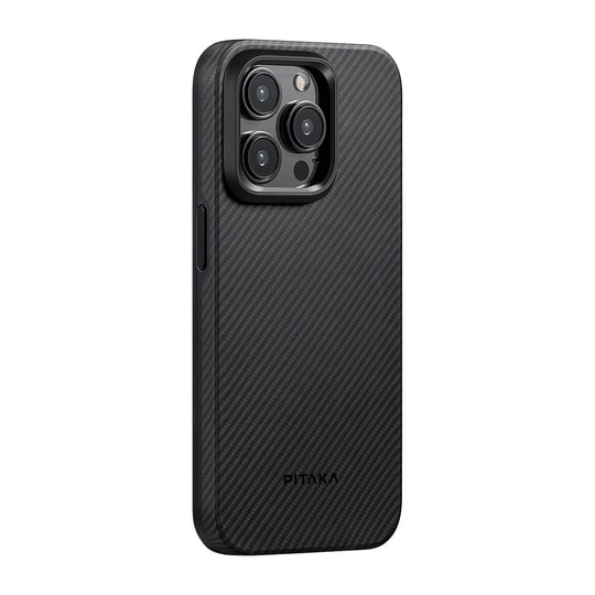 Apple iPhone 15 Pro Max Kılıf M-safe Şarj Özellikli 600D Aramid Fiber Pitaka Military-Grade Classic Serisi Black-Grey Twill Kapak