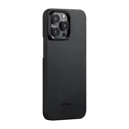 Apple iPhone 15 Pro Max Kılıf M-safe Şarj Özellikli 600D Aramid Fiber Pitaka Ultra-Slim Classic Serisi Black-Grey Twill Kapak