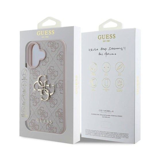 Apple iPhone 16 Kılıf Guess Orjinal Lisanslı M-safe Şarj Özellikli Sıcak Baskılı Yazı Logolu Kamera Standlı PU Deri Peony Kapak