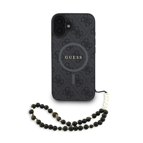 Apple iPhone 16 Plus Kılıf Guess Orjinal Lisanslı M-safe Şarj Özellikli PU Deri Bilek Askı İpli Yazı Logolu Kapak