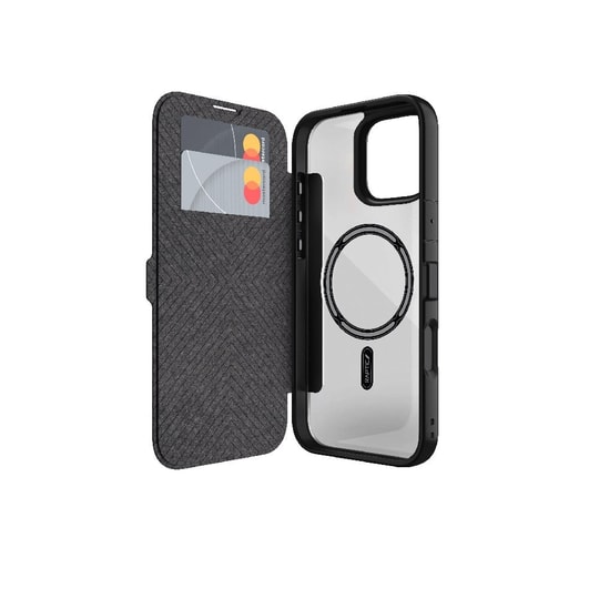 Apple iPhone 16 Plus Kılıf M-safe Şarj Özellikli Vegan Deri Tasarımlı Şeffaf Arka Yüzey Kartlıklı Raptic Urban Folio Serisi Kapak