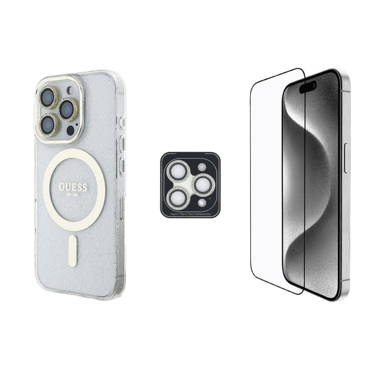 Apple iPhone 16 Pro Guess Orjinal Lisanslı 3'lü Aksesuar Seti IML Baskılı Simli Glitter Kılıf + Ekran Koruyucu + Lens Koruyucu