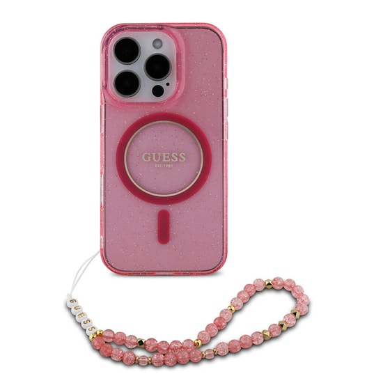Apple iPhone 16 Pro Kılıf Guess Orjinal Lisanslı M-safe Şarj Özellikli Simli Silikon İnci Bileklikli Kapak