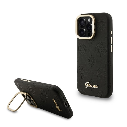 Apple iPhone 16 Pro Kılıf Guess Orjinal Lisanslı M-safe Şarj Özellikli Sıcak Baskılı Yazı Logolu Kamera Standlı PU Deri Peony Kapak