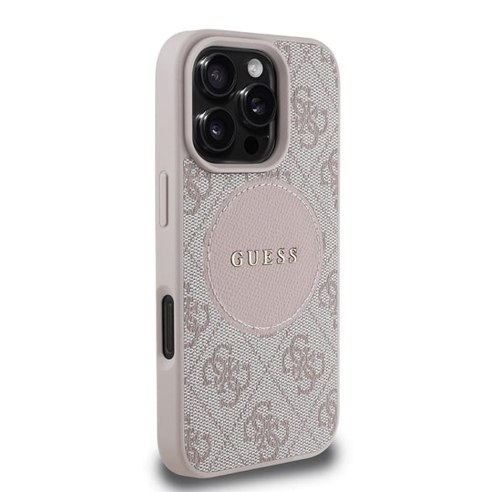 Apple iPhone 16 Pro Kılıf Guess Orjinal Lisanslı M-safe Şarj Özellikli PU Deri 4G Desenli Taşlı Üçgen Logolu Kapak