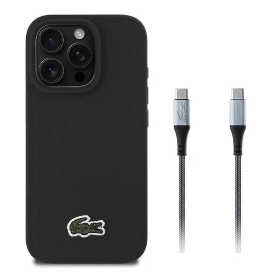 Apple iPhone 16 Pro Kılıf Lacoste Orjinal Lisanslı PU Pike Desenli Arka Yüzey İkonik Timsah Dokuma Logolu Kapak + Type-C Kablo 1.5m