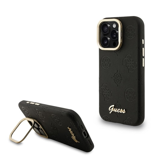 Apple iPhone 16 Pro Max Kılıf Guess Orjinal Lisanslı M-safe Şarj Özellikli Sıcak Baskılı Yazı Logolu Kamera Standlı PU Deri Peony Kapak