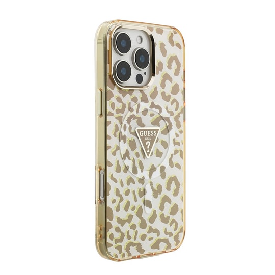 Apple iPhone 16 Pro Max Kılıf Guess Orjinal Lisanslı M-safe Şarj Özellikli Üçgen Logolu Simli Leopar Desenli Kapak