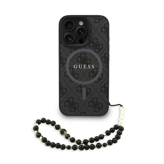 Apple iPhone 16 Pro Max Kılıf Guess Orjinal Lisanslı M-safe Şarj Özellikli PU Deri Bilek Askı İpli Yazı Logolu Kapak